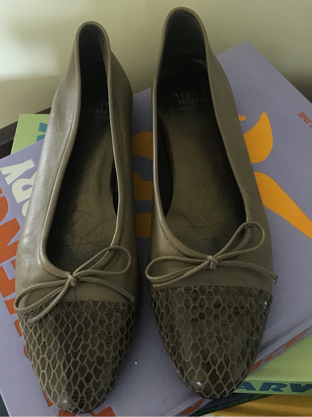 Stuart Weitzman Olive Leather Ballet Flats with Textured Cap Toe